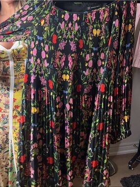 Black Floral Pleated Women's Dress with Pink & Red Accents